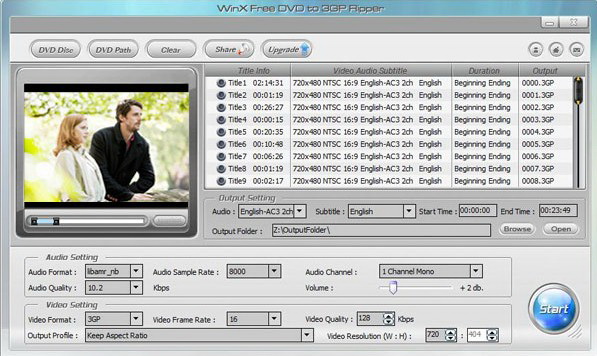WinX Free DVD to 3GP Ripper