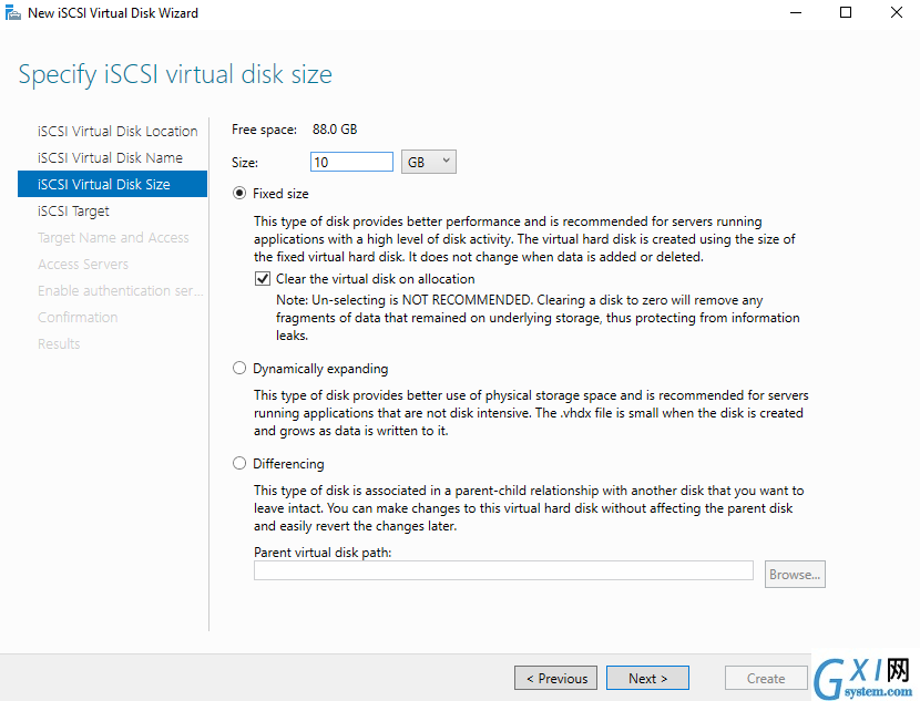 iSCSI virtual disk size